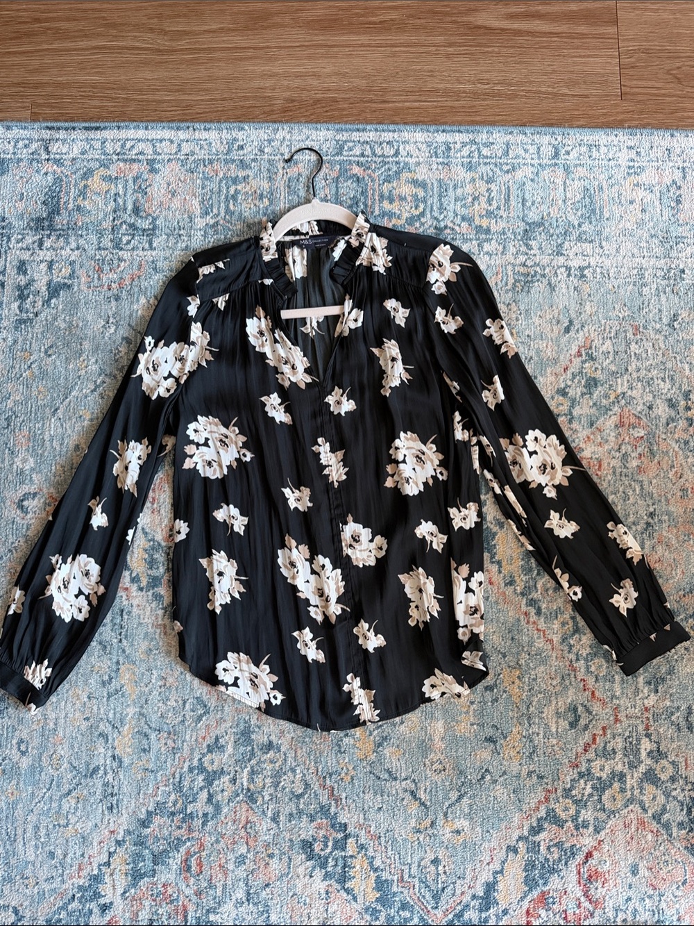 Marks & Spencer Black Floral Long-Sleeve Blouse with White Flowers